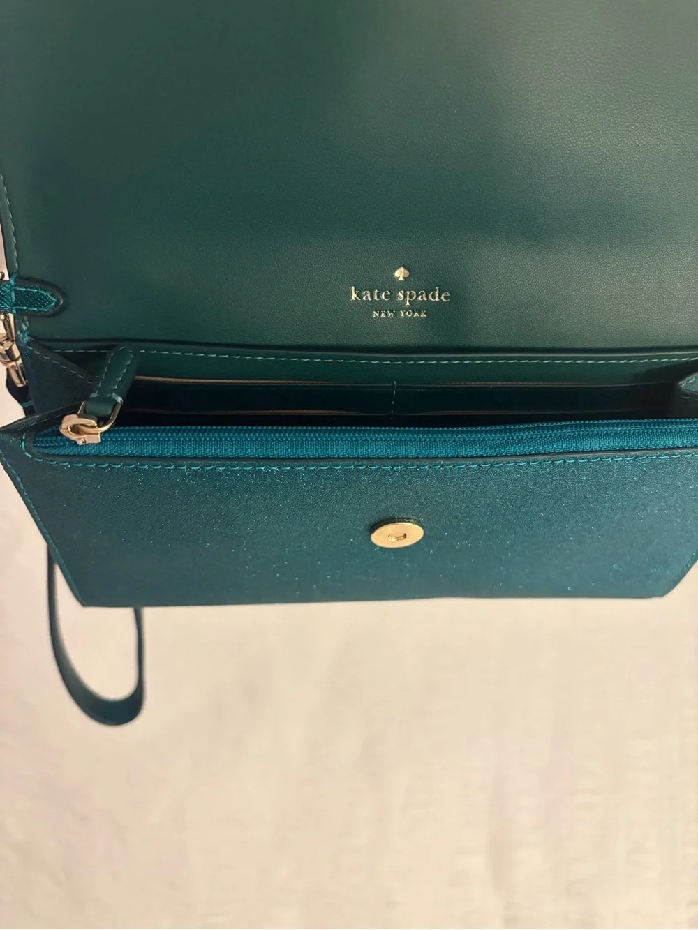 NWOT Kate Spade Glimmer Medium Flap Wristlet - Festive Teal Glitter